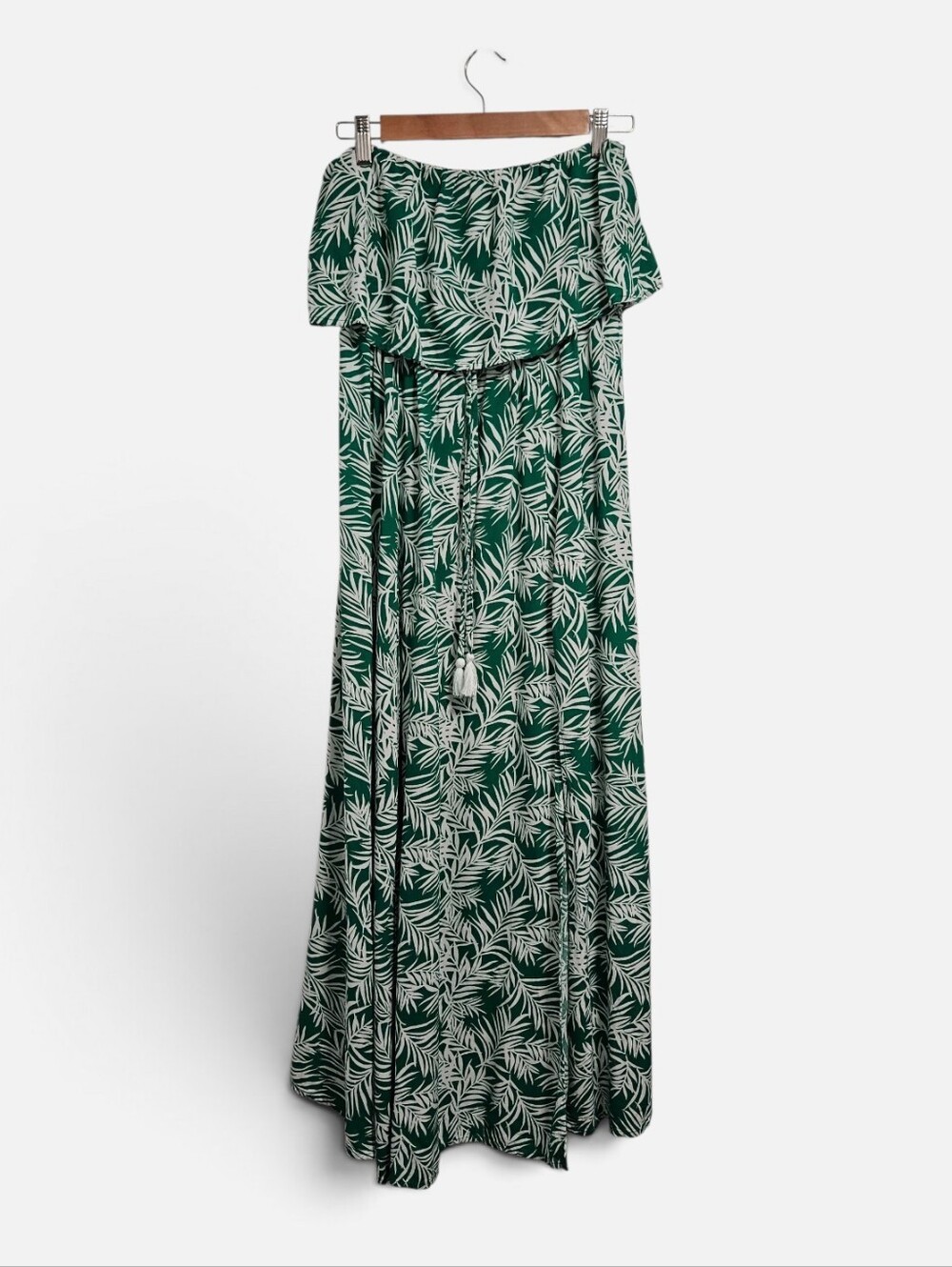 Japna Green Palm Leaf Print Strapless Maxi Dress Boho Tropical Size Medium